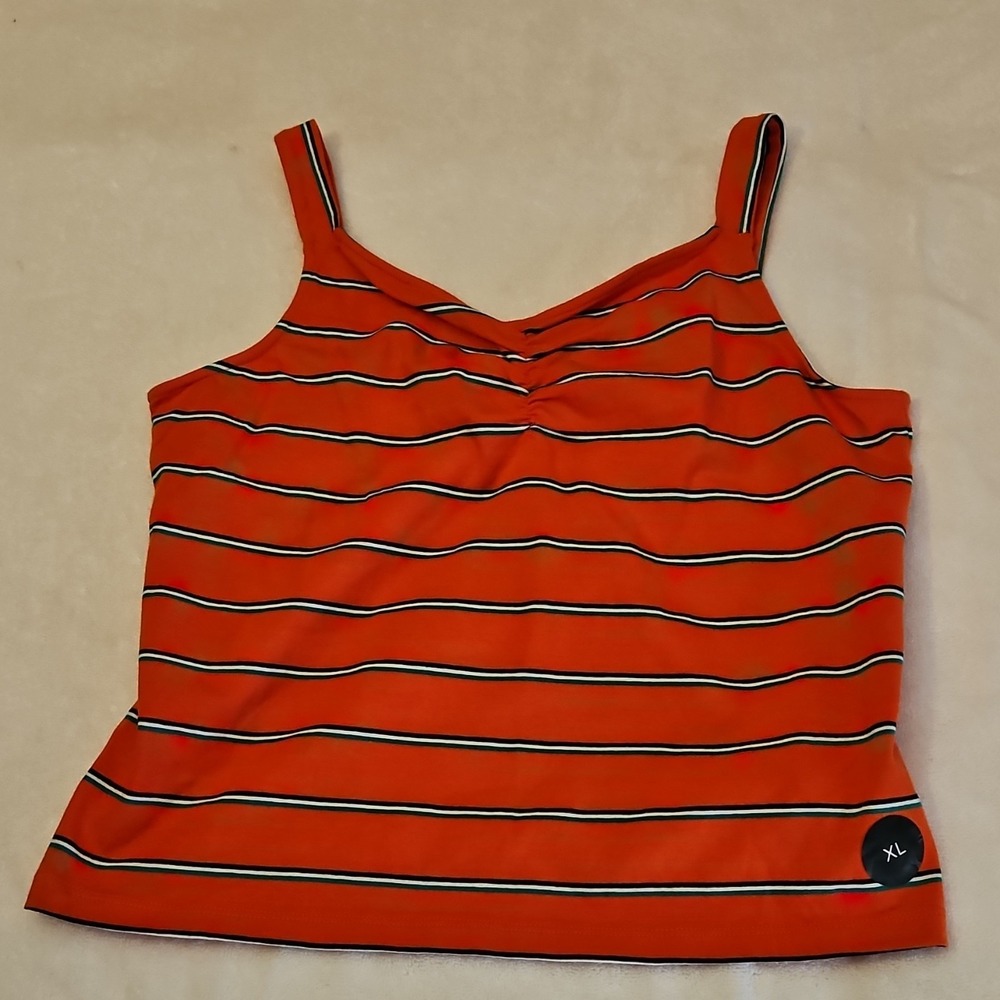 White Fawn Orange‎ Cotton Spandex V-Neck Sleeveless Striped Tank Top XL
